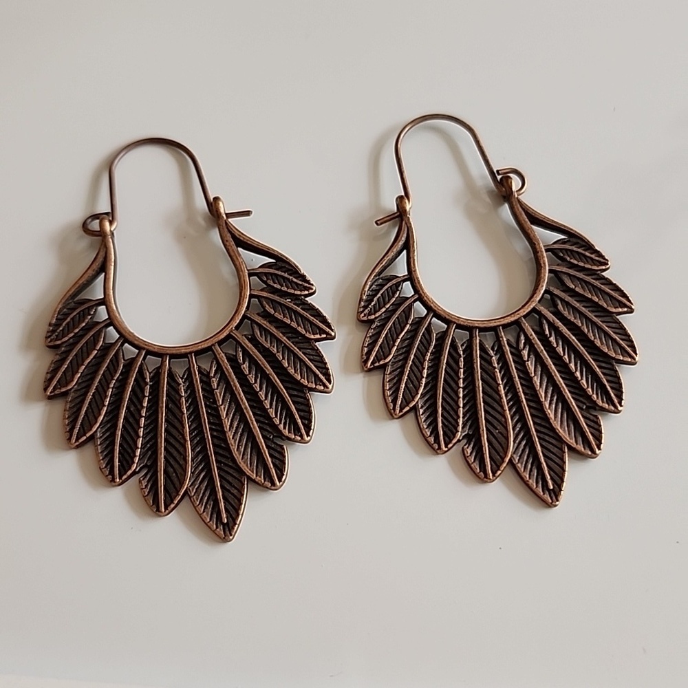 Feather BOHO Bronze  Hoop EARRINGS  ER